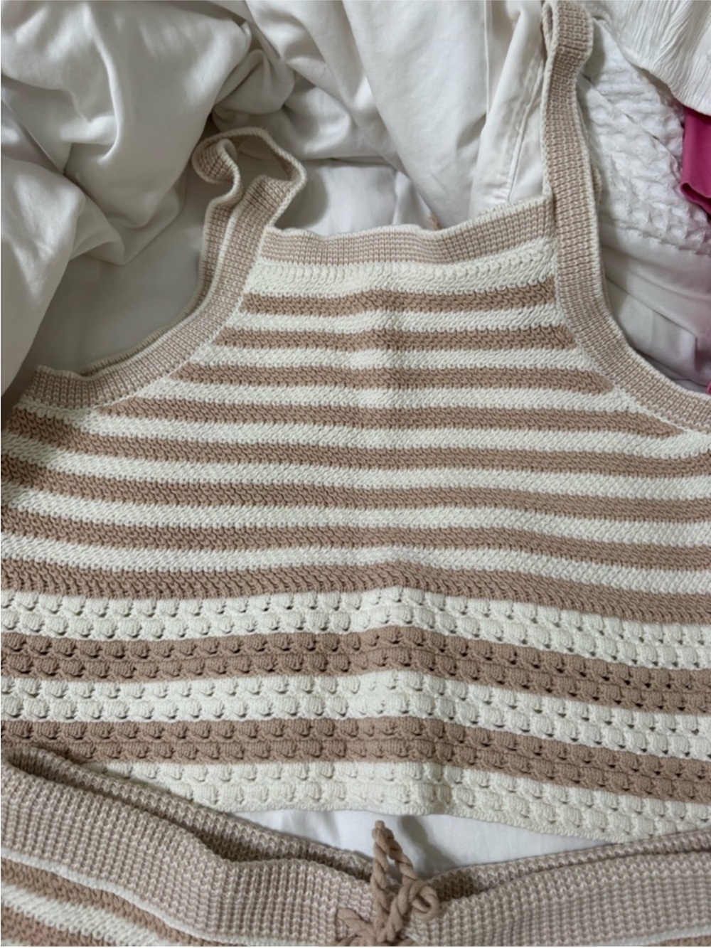 House of Harlow 1960 Beige and Cream Striped V-Neck Knit Tank